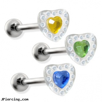 Straight barbell with acrylic paved heart, 14ga, gold plated straight barbell eyebrow jewelry, straight onyx plugs, straight barbell clear retainer, flexible tongue rings barbells, helix barbell