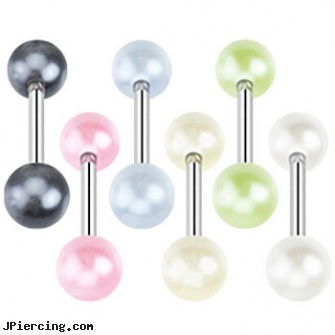 Straight barbell with acrylic pearl coated balls, 14 ga, straight onyx plugs, straight nose stud, straight pin nose rings, barbells for cartilage piercing, large gauge tongue barbell