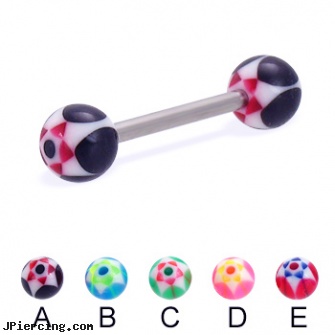 Straight barbell with acrylic star balls, 14 ga, straight nose stud, straight onyx plugs, straight pin nose rings, barbell balls, navel barbell with elvis