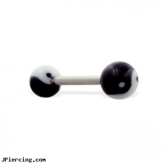 Straight barbell with acrylic ying-yang balls, 14 ga, straight barbell clear retainer, straight onyx plugs, straight pin nose rings, acrylic tongue barbells, star tongue barbells