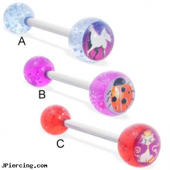 Straight barbell with animal logo glitter balls, 14 ga, straight barbell clear retainer, straight pin nose rings, straight onyx plugs, industrial barbells, flexible tongue rings barbells