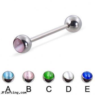 Straight barbell with cat eye balls, 16 ga, internally threaded straight barbells, straight onyx plugs, gold plated straight barbell eyebrow jewelry, inch tongue barbells, how to unscrew barbell body jewelry