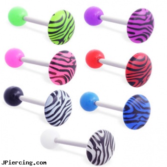 Straight barbell with colored ball and colored tiger print circle top, 14 ga, straight pin nose rings, straight nose stud, internally threaded straight barbells, nipple rings barbells, belly barbells