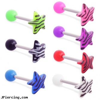 Straight barbell with colored ball and colored tiger print star top, 14 ga, straight barbell clear retainer, straight pin nose rings, straight onyx plugs, nipple barbells, circular barbell