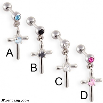 Straight barbell with dangling jeweled cross, straight pin nose rings, straight barbell clear retainer, straight nose stud, barbells and body piercings, barbell 14 ga