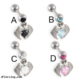 Straight barbell with dangling jeweled heart with wings, straight pin nose rings, straight nose stud, internally threaded straight barbells, belly button barbells, barbells and body piercings