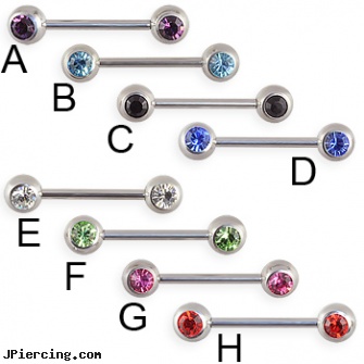Straight barbell with double front facing gems, internally threaded straight barbells, straight pin nose rings, straight onyx plugs, twisted barbell, tips for putting in tongue barbell