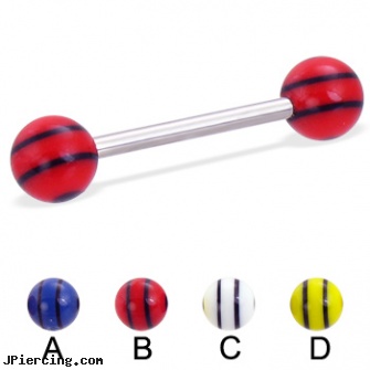 Straight barbell with double striped balls, 14 ga, straight barbell clear retainer, straight pin nose rings, gold plated straight barbell eyebrow jewelry, gauge plastic tongue barbells, tongue barbells penis