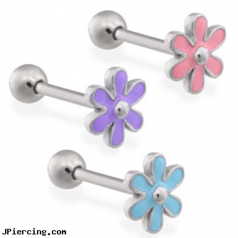 Straight Barbell With Epoxy Colored Flower Top, 14Ga, straight pin nose rings, straight barbell clear retainer, internally threaded straight barbells, gemstone belly button barbells, gold navel barbells 8mm