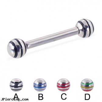 Straight barbell with epoxy striped balls, 12 ga, internally threaded straight barbells, straight pin nose rings, straight nose stud, navel barbells, eyebrow barbell
