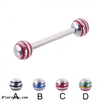 Straight barbell with epoxy striped balls, 14 ga, straight pin nose rings, straight onyx plugs, straight nose stud, sizes of tongue barbells, ireland flag tongue barbell
