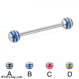 Straight barbell with epoxy striped balls, 16 ga, straight pin nose rings, straight nose stud, straight onyx plugs, nipple rings barbells, eyebrow barbells