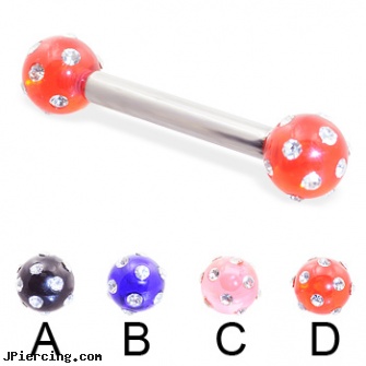 Straight barbell with multi-gem acrylic colored balls, 10 ga, straight onyx plugs, straight barbell clear retainer, gold plated straight barbell eyebrow jewelry, uv curved barbell, navel piercing barbell titanium