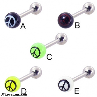 Straight barbell with peace sign logo, 14 ga, straight pin nose rings, straight onyx plugs, internally threaded straight barbells, barbells for cartilage piercing, ear piercing barbells