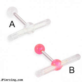 Straight barbell with uv ball glow stick holder, 14 ga, internally threaded straight barbells, straight barbell clear retainer, straight pin nose rings, belly barbells, cheap barbells and tongue rings