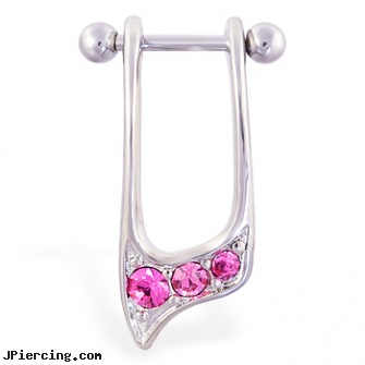 Straight helix barbell with dangling pink jeweled cuff , 16 ga, straight nose stud, internally threaded straight barbells, straight barbell clear retainer, ear helix, helix barbell