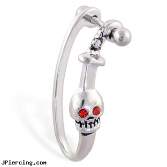 Straight helix barbell with dangling red eyed skull and sword cuff , 16 ga, straight pin nose rings, internally threaded straight barbells, straight nose stud, helix piercings, helix peircing