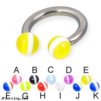 Striped ball titanium horseshoe barbell, 10 ga, titanium tongue rings candy striped, body jewelry replacement balls, photo ball jewelry, balls piercing, titanium ear studs