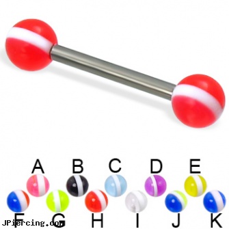 Striped ball titanium straight barbell, 12 ga, titanium tongue rings candy striped, belly button ring balls, black onyx ball stud, clit hood barbells balls, titanium ear studs