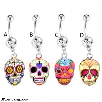 Sugar Skull Surgical Steel Dangle Navel Ring, skull shield piercing, punisher skull labret jewellery, skull labret, surgical steel body piercing jewelry, surgical steel body jewellery