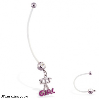 Super long flexible bioplast belly ring with dangling \"ITS A GIRL\", navel ring superman, body jewelry superman logo belly button ring, body jewelry superman belly button ring, how long does it take for tongue piercing to heal, long island belly button piercing