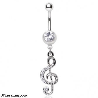 Surgical Steel Gemmed Musical Treble Clef Dangle Navel Ring, surgical steel body jewelry, navel jewelry surgical stainless steel internal thread, surgical steel body piercing jewelry, cold steel body jewelry, captive earrings unique steel