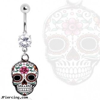 Surgical Steel Gemmed Navel Ring Sugar Skull Dangle, body piercing jewelry surgical steel, surgical steel flat disc nose stud, surgical stainless steel body jewelry, stainless steel piercing body jewelry, nose navel tongue rings