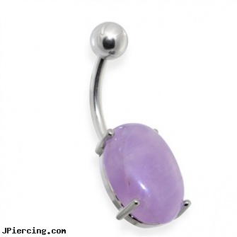 Surgical Steel Prong Set Oval Amethyst Semi Precious Stone Navel Ring, surgical steel navel rings, surgical steel body piercing jewelry, surgical stainless steel navel jewelry, stainless steel piercing body jewelry, surgical steel prong set labrets
