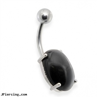 Surgical Steel Prong Set Oval Black Agate Semi Precious Stone Navel Ring, surgical steel belly rings, surgical steel body jewellery, surgical steel nose rings, stainless steel chain az, stainless steel body jewelry