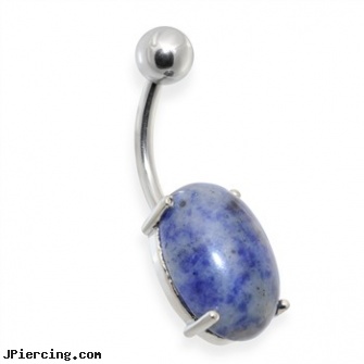 Surgical Steel Prong Set Oval Sodalite Semi Precious Stone Navel Ring, surgical steel belly rings, surgical steel nose stud, surgical steel body jewellery, stainless steel nose rings, stainless steel belly rings