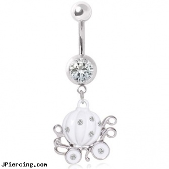 Surgical Steel White Enameled Pumpkin Carriage Gemmed Navel Ring, surgical steel flat disc nose stud, navel jewelry surgical stainless steel internal thread, surgical steel navel rings, stainless steel nose rings, industrial steel body jewellery