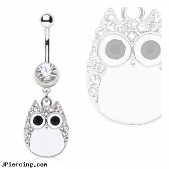 Surgical Steel White Owl Navel Ring, surgical stainless steel navel jewelry, surgical placement of rings in cock and scrotum, surgical steel nose rings, stainless steel piercing body jewelry, double steel cock rings