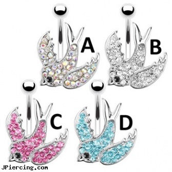 Swallow with Paved Gems Surgical Steel Navel Ring, gemstone belly button jewelry, gems studs, gemstone belly button barbells, surgical stainless steel body jewelry, surgical placement of rings in cock and scrotum