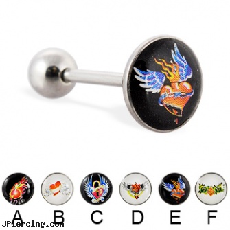 Tattoo style logo tongue ring, 14 ga, opinions and tattoos and piercings, cleaning supplies for tattoo and piercing tools, tattoos and body peircing, ear piercing styles, styles of nose piercing