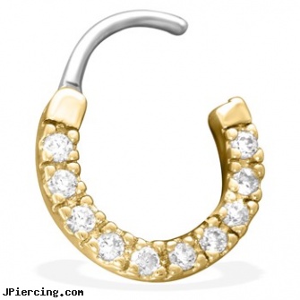 Ten Paved Gem Single Line Gold Tone Surgical Steel Septum Clicker, Clear 14Ga, body jewelry single earings, single use piercing kits, plug ear piercing guidlines, self labret piercing instructions online, piercing online store