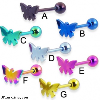 Titanium anodized butterfly tongue ring, 14 ga, navel piercing barbell titanium, titanium belly jewelry, nipple rings titanium, anodized body navel ring, uv butterfly gem navel belly ring