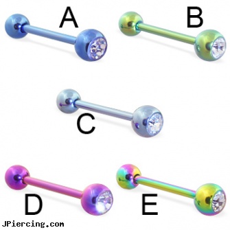 Titanium anodized straight barbell with one jeweled ball, 14 ga, titanium eyebrow ring, black titanium labret, titanium labret, anodized body navel ring, straight onyx plugs