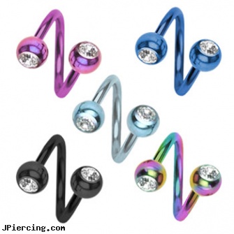 Titanium anodized twister barbell with jeweled balls, 14 ga, titanium horseshoe, titanium or stainless steel belly button rings, titanium slave navel jewelry, anodized body navel ring, twister tongue rings