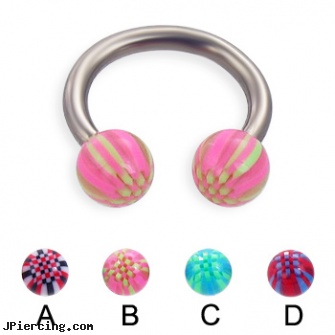 Titanium circular barbell with acrylic checkered balls, 12 ga, titanium body jewellery, titanium labret, titanium belly rings, nipple rings non piercing circular slip on, 16 ga circular barbell body jewelery