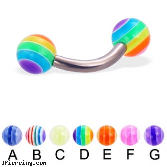 Titanium curved barbell with acrylic layered balls, 12 ga, titanium nipple jewelry, nipple rings titanium, titanium ear studs, uv curved barbell, 14g curved spike eyebrow ring