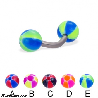 Titanium curved barbell with balloon balls, 14 ga, titanium tongue rings candy striped, titanium body jewellery, black titanium labret, 14 gauge curved barbell, curved barbell jewelry