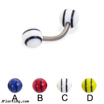 Titanium curved barbell with double striped balls, 16 ga, 18 guage titanium labret, titanium labret, titanium body percing jewelry, curved barbell, body jewelry curved nose bones