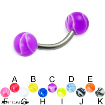 Titanium curved barbell with marble balls, 14 ga, titanium tongue rings candy striped, titanium barbell, belly ring titanium internally threaded, curved labret rings, curved barbell jewelry