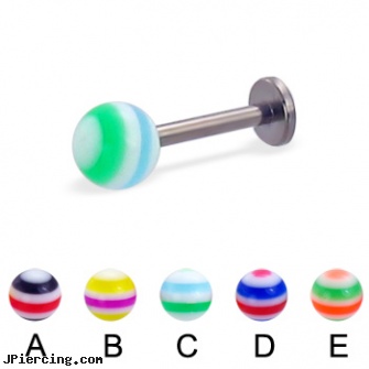 Titanium labret with circle ball, 14 ga, titanium barbell, titanium jewelry, titanium tongue rings candy striped, labret, 10k labrets