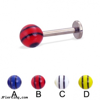 Titanium labret with double striped ball, 14 ga, titanium or stainless steel belly button rings, titanium belly rings, titanium body percing jewelry, curved spike labret jewlery, labret piercing jewelery