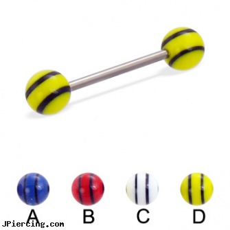 Titanium straight barbell with double striped balls, 16 ga, 18 guage titanium labret, titanium body jewelry, titanium body percing jewelry, gold plated straight barbell eyebrow jewelry, straight pin nose rings