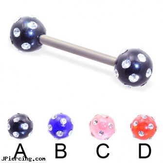 Titanium straight barbell with multi-gem acrylic colored balls, 14 ga, titanium navel piercing, titanium labret, titanium navel rings, gold plated straight barbell eyebrow jewelry, internally threaded straight barbells