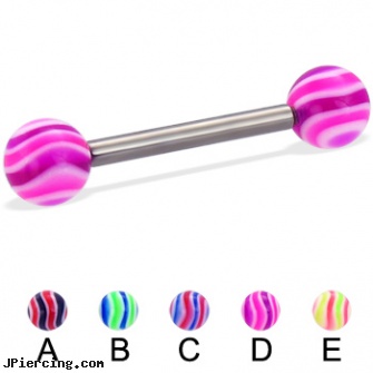 Titanium straight barbell with wave balls, 12 ga, titanium ear studs, titanium tongue rings candy striped, navel piercing barbell titanium, internally threaded straight barbells, gold plated straight barbell eyebrow jewelry