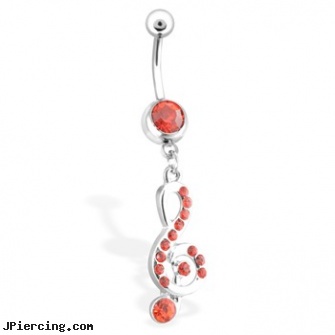 Treble Clef Music Note Belly Ring with Red Gems, 16 Ga, gemstone belly button barbells, disney belly rings, belly button ring balls, cock ring and pump, emt navel ring