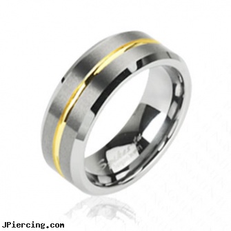 Tungsten carbine ring with gold striped center, non piercing nipple ring, how to remove belly button rings, diseases caused by tongue rings, gold cz belly button rings, body piercing jewellery gold